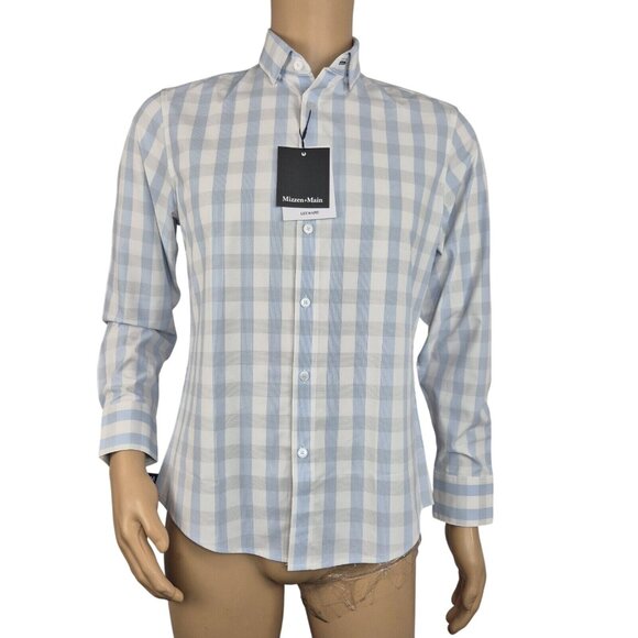 Mizzen Main Shirt Mens Size S White Blue Trim Fit Leward Plaid Stretch (9) - Picture 2 of 10